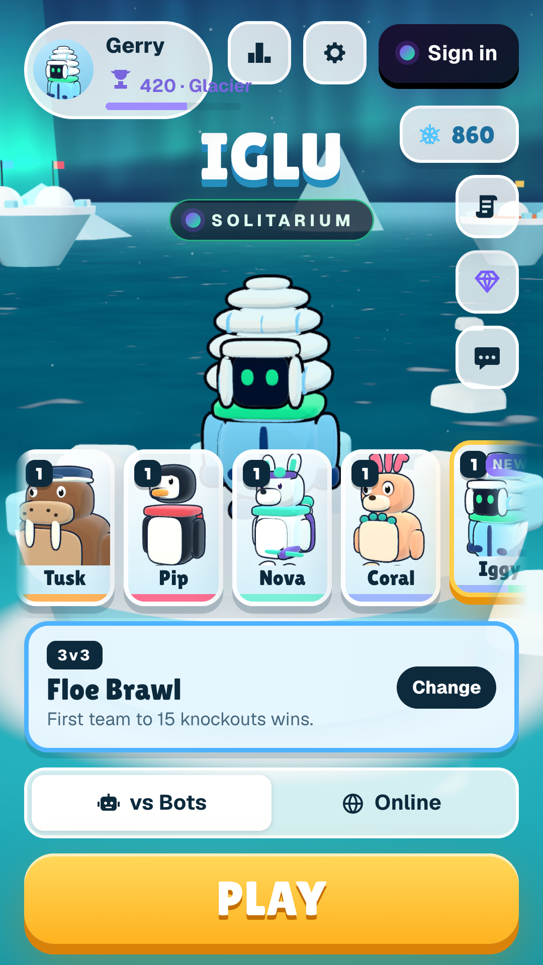 IGLU: Solitarium’s game lobby on a mobile screen
